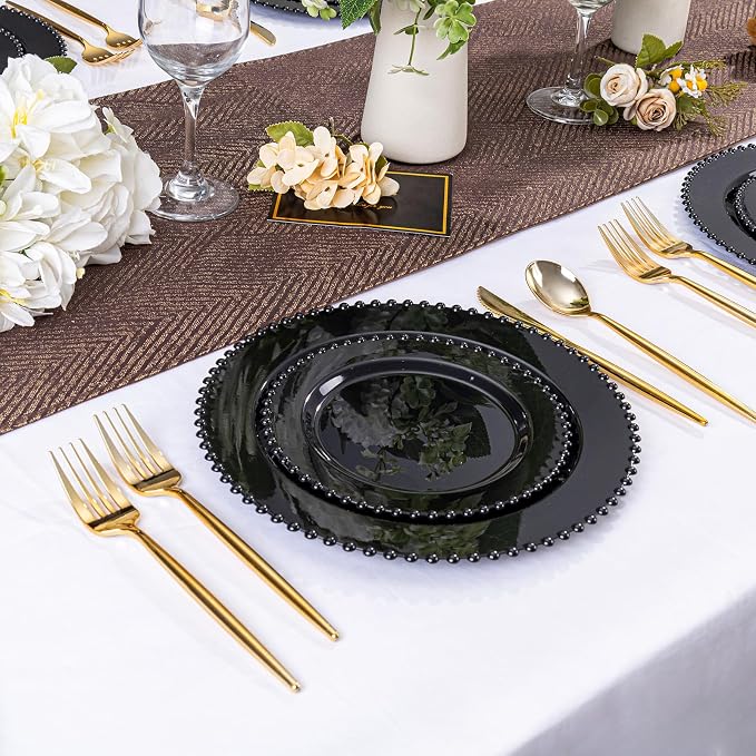 U-QE 60PCS Black Plastic Plates - Heavy Duty Black Disposable Plates Including 30PCS 10'' Dinner & 30PCS 7.5'' Dessert Plates -Hard Plastic Plate for Party Wedding Bridal Shower