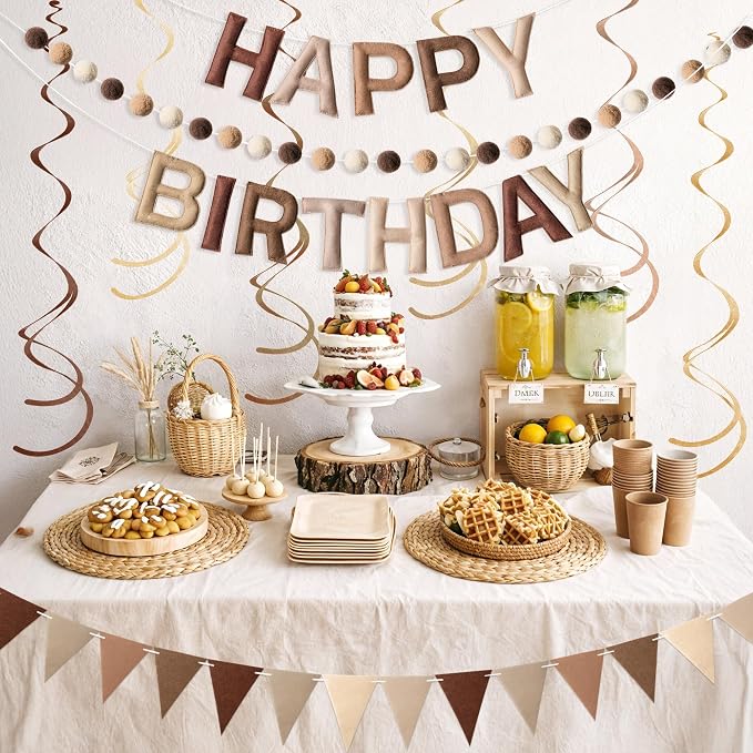 Kriyokiaa Pre-Strung Felt Happy Birthday Banner Retro Brown Happy Birthday Party Decorations with Pom Pom Garland, Flag and Hanging Swrils for Women Men Boys Girls Party Decor