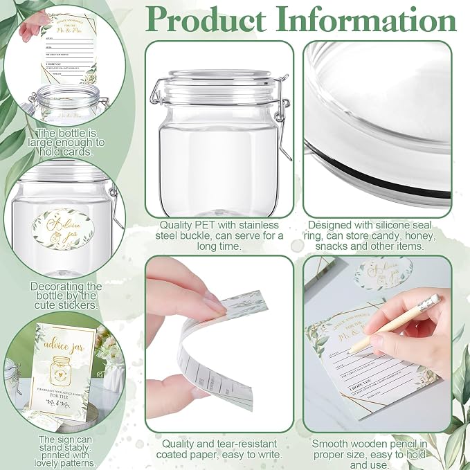 Jetec 74 Pcs Advice and Wishes for the Mr and Mrs 60 Pcs Wedding Advice Cards Advice and Wishes Jar Box Bridal Shower Advice and Wishes Cards for Bride and Groom Bridal Shower Decor(Greenery)