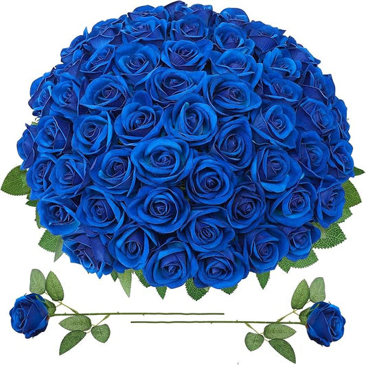 90 Pcs Royal Blue Velvet Rose Artificial Flowers with Long Stems, Fake Silk Roses Real Touch Fake Roses Florals for Birthday Wedding Bouquet Party Arrangement Decorations
