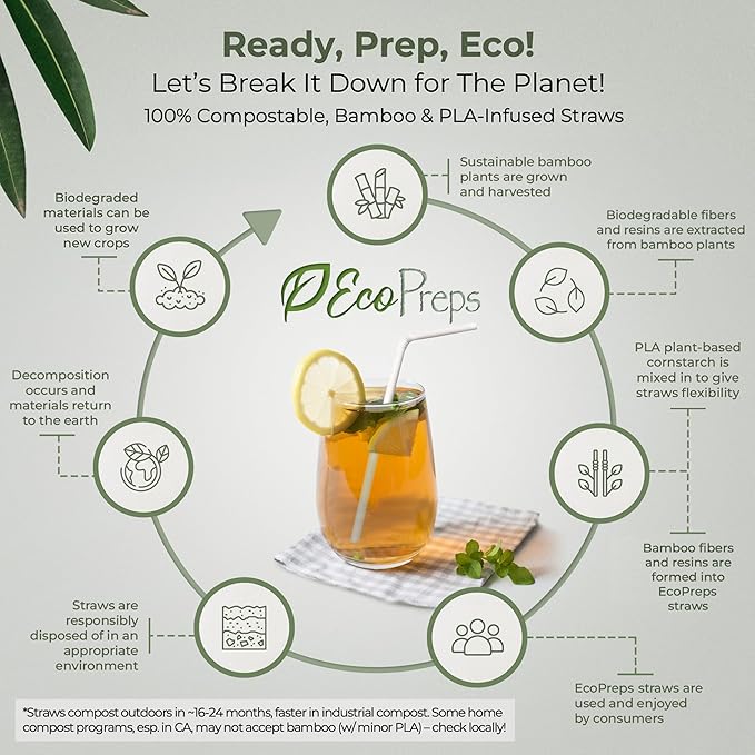 EcoPreps Flexible Biodegradable Bamboo Fiber Straws, 300 Count | 100% Compostable, Plastic-Free, Eco-Friendly Drinking Straws for Cold Drinks | 7.8'' Bendable, Disposable Bamboo Fiber Straw (300 PCS)