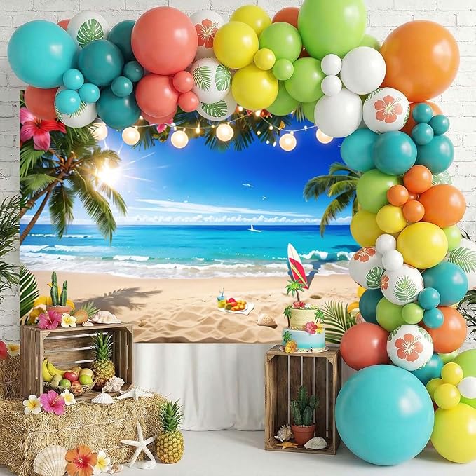 10x8ft Summer Beach Hawaiian Backdrop Tropical Palm Flower Seaside Scenery Hawaiian Photography Background Luau Party Decorations Backdrops Banner Studio Photo Booth Props