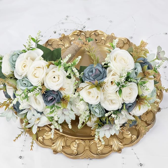 Set of 4 Bridesmaid Bouquets for Wedding - 7 Inch Artificial Rose Flower Bouquet for Bridesmaids Premade Floral Bouquets Party Ceremony Anniversary Decor - Dusty Blue