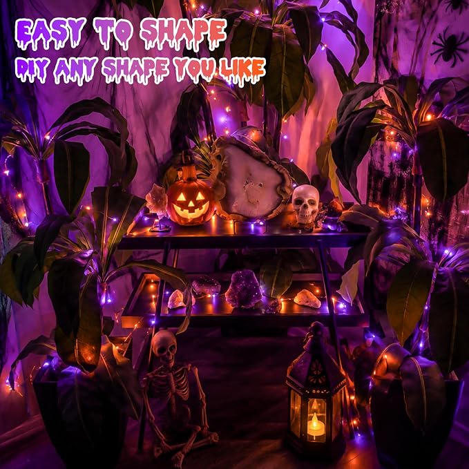 QITONG Orange and Purple Fairy Lights Battery Operated, 4 Pack Each 16ft 50 LED Halloween Lights Outdoor Waterproof, Silver Wire Christmas Twinkle Mini String Lights Indoor