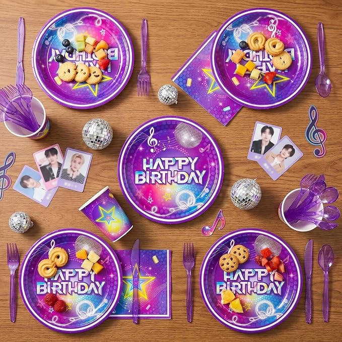 168pcs Kpop Birthday Party Plates Napkins Purple Magical Music Party Supplies Disposable Tableware Set Dance Birthday Decorations for Girls Serve 24 Guests