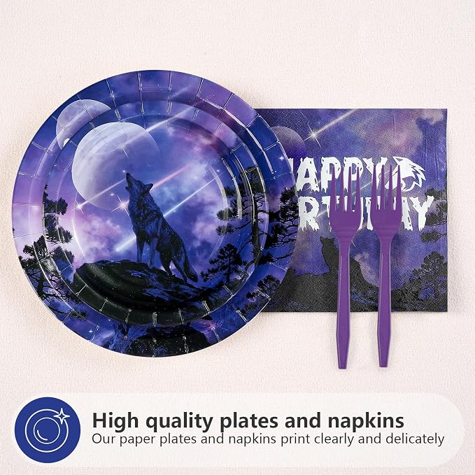 96Pcs Wolf Birthday Party Decorations Galaxy Wolf Plates and Napkins Black Purple Galaxy Disposable Paper Tableware Set for Animal Theme Birthday Outdoor Holiday Party Supplies Serves 24
