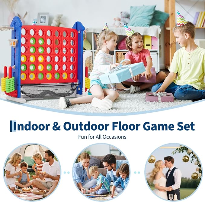 Giant 4-in-a-Row Game Set, Whale Design 4-in-1 with Basketball Hoop, Golf, Ring Toss, 42 Jumbo Rings, Adjustable Height, Quick-Release Catch Net - Outdoor Play for Kids & Adults