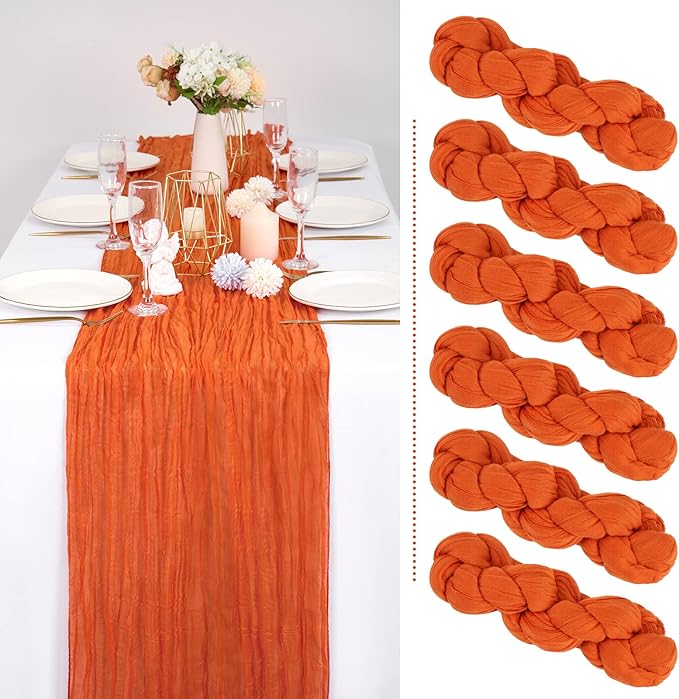 6 Pack Fall Halloween Table Runner 10FT Orange Cheesecloth Table Runner 35 x 120 Inch Long Semi-Sheer Gauze Fabric Boho or Rustic Wedding Table Decor for Bridal Shower Baby Shower Holiday Party