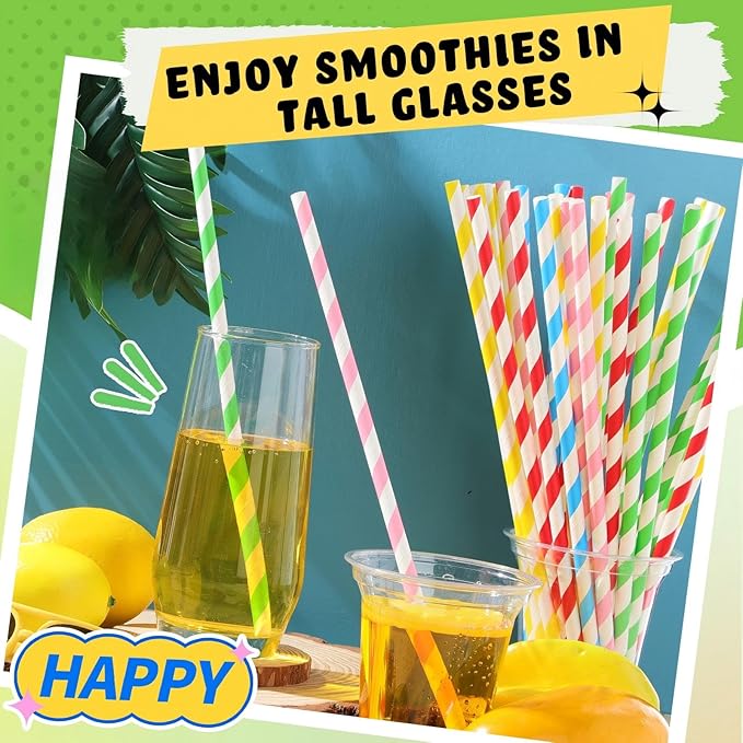 Eaasty 1000 Pack 12 Inch Extra Long Paper Straws Bulk Disposable, 8 mm Wide Stripe Straws in 5 Colors, 100% Biodegradable, Non-soggy Paper for About 40oz Tumblers Smoothies Tall Drinks