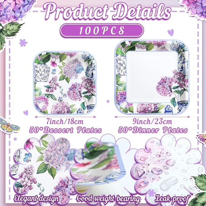 Umigy 100 Pcs Paper Plates Flower Dinner 9'' Floral Disposable Paper Plates 7'' Square Dessert Set for Dinner Birthday Wedding Baby Shower Party Tableware(Soft Color,Hydrangeas)