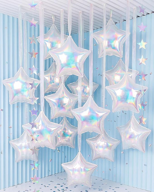 Duraaamo 30 Set Star Foil Balloons Bulk 22 Inch Metallic Star Balloons and Stars Banner and Satin Ribbon for Ceiling Birthday Graduation Ornaments Party Decor(Laser Color)