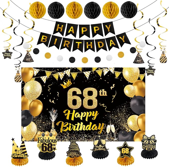 Happy 68th Birthday Party Decoration: Including Birthday Banner Backdrop, Party Table Centerpieces and Hanging Swirl Party Streamers, Birthday Decor for Men and Women (Gold/Black, 68th Birthday)