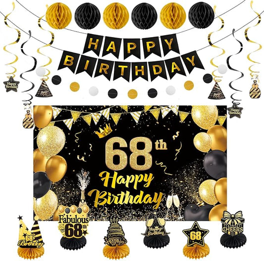 Happy 68th Birthday Party Decoration: Including Birthday Banner Backdrop, Party Table Centerpieces and Hanging Swirl Party Streamers, Birthday Decor for Men and Women (Gold/Black, 68th Birthday)