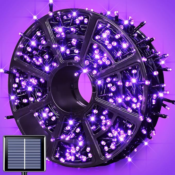 JMEXSUSS 600LED Purple Solar Halloween Lights, 206.7ft Solar String Lights Outdoor Waterproof, 8 Modes Purple Christmas Lights for Outside Yard Patio Tree Garden Xmas Halloween Decor