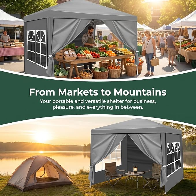 6.5x6.5FT Canopy Tent, Portable Heavy Duty Outdoor Tent with 4 Removable Sidewalls, Waterproof Party, Camping, Picnic & Backyard Shelter, Gray