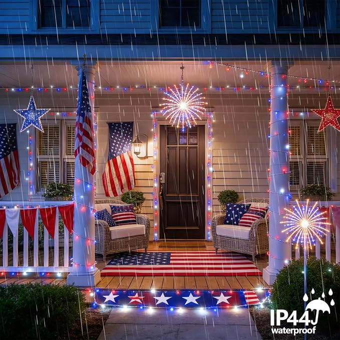 YEGUO Red White and Blue Lights Battery Operated, 2 Pack Each 33ft 100 LED 4th of July Lights Outdoor Waterproof, 8 Modes Clear Wire Fairy Light Indoor with Remote for Memorial Day Patriotic Decor