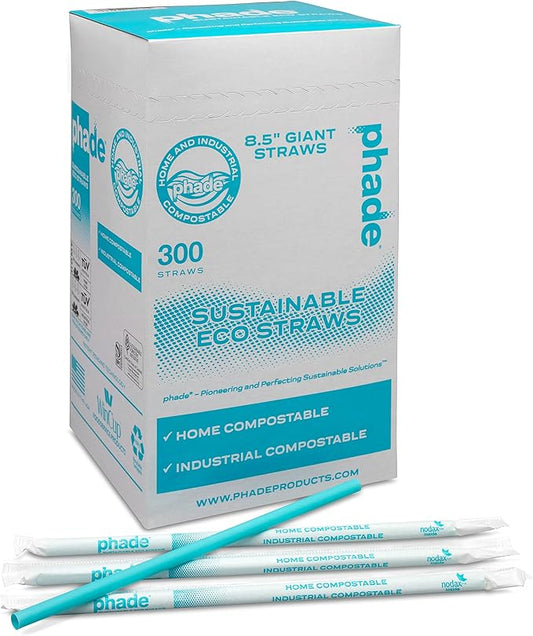 phade Eco-Friendly 8.5" Giant Drinking Straws 300 Count - Sustainable Marine Biodegradable Compostable Individually Wrapped, 1 Pack