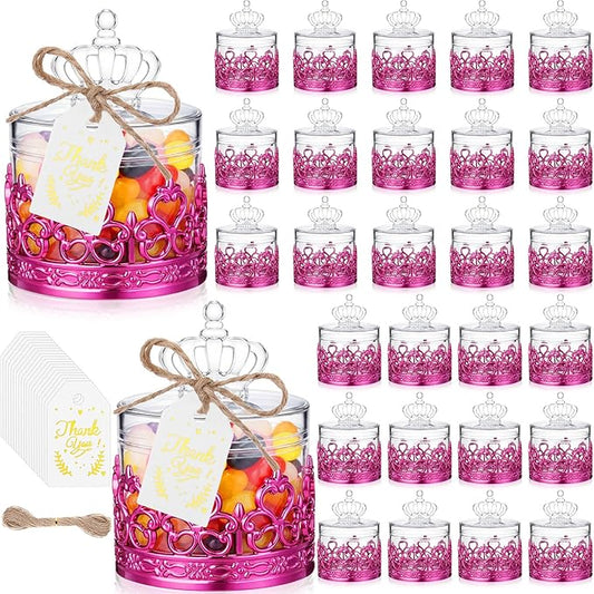 Jingmore 30 Sets Mini Crown Candy Boxes with Thank You Tags and Twine Plastic Candy Storage Boxes for Wedding Baby Shower Princess Birthday Party Supplies (Rose Purple and Clear,Crown Style)