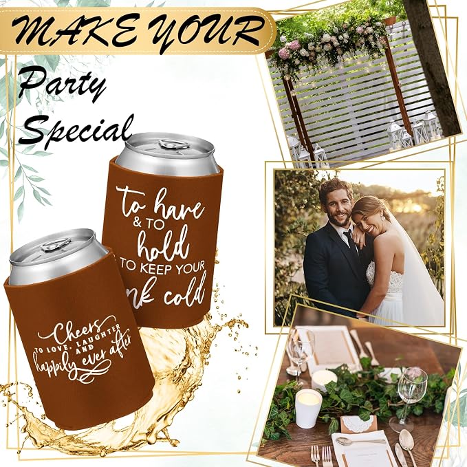 Qinyoung 50 Pieces Chocolate Wedding Can Cooler Sleeves Bulk Engagement Party Favors for Guests Cheers to Love Laughter and Happily Ever After Rehearsal Dinner Decorations for Wedding Bridal