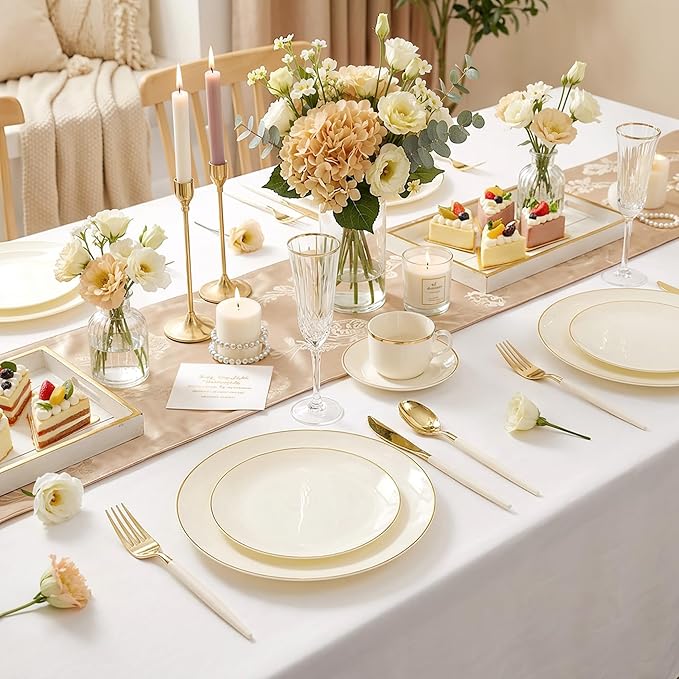DaYammi 150Pcs Ivory Plastic Plates with Gold Rim,Disposable Plastic Plates Include 30 Dinner Plate,30 Salad Plate,30 Forks,30 Spoons,30 Knives,Ivory and Gold Plates for Party,Wedding,Mother's Day