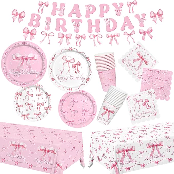 Pink Bow Happy Birthday Decorations Set for 24: Bachelorette Party Supplies Kit with Dinner & Dessert Plates, Napkins, Cups, Banner, Tablecloth - for Women's Tea Birthday Party Decorations