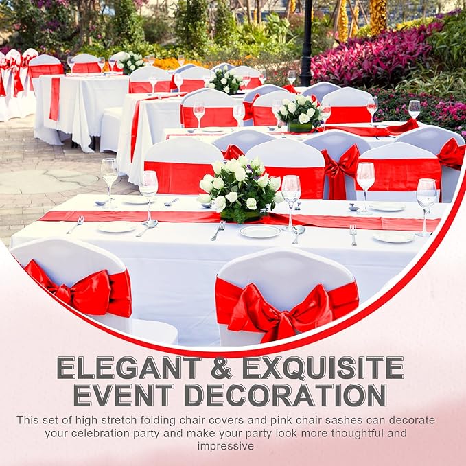 Lounsweer 50 Pcs Folding Chair Cover Set with 25 Stretch Spandex Slipcovers 25 Satin Chair Sashes Bows Ribbon Washable Banquet Protector for Wedding Event Party(White, Red)