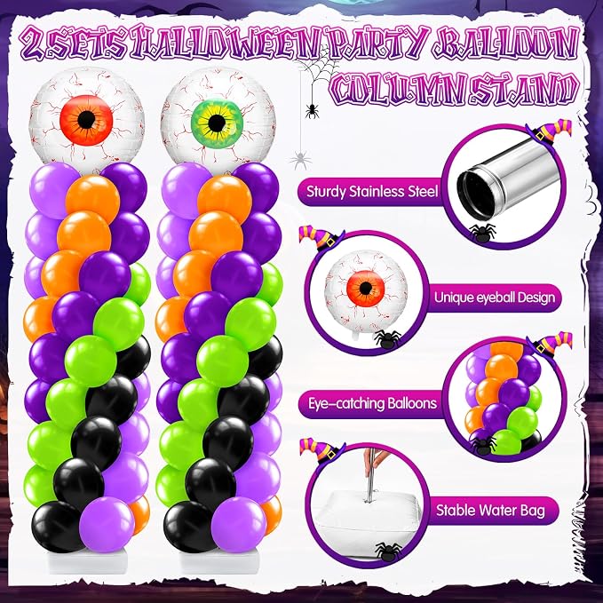 Kasyat 2 Set Halloween Eyeball Balloon Column Stand Kit with Red Green Eyeball Foil Balloon Orange Purple Green Black Arch Garland Kit for Spooky Birthday Party Halloween Theme Decoration