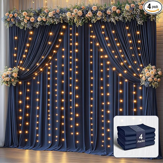 20 x 10ft Navy Blue Backdrop Curtains with Lights String Wrinkle Free Polyester Photo Backdrop Drapes Soft Fabric Curtains for Graduation Birthday Parties Wedding Shower Reception Events-5 x 10ft x 4P