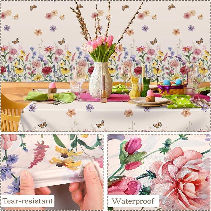 Kochorie 100 Ft x 54 Inch Spring Floral Tablecloth Roll Plastic Flower Tablecloth Roll Wildflower Butterfly Disposable Table Cover for Spring Tea Party Supplies Birthday Wedding Party Decorations