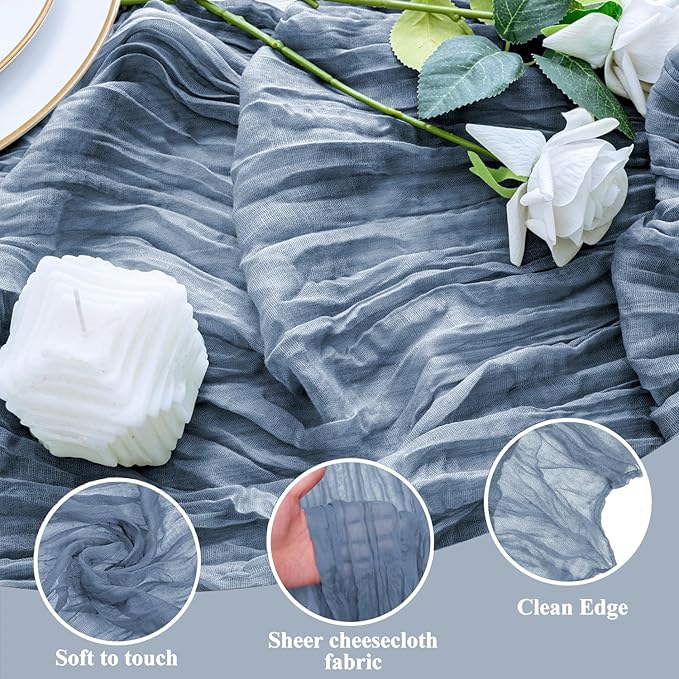 6PCS Table Runner Cheesecloth 10FT Dusty Blue Boho Gauze Cheese Cloth Rustic Sheer Table Runners for Wedding Bridal Baby Shower Party Decoration