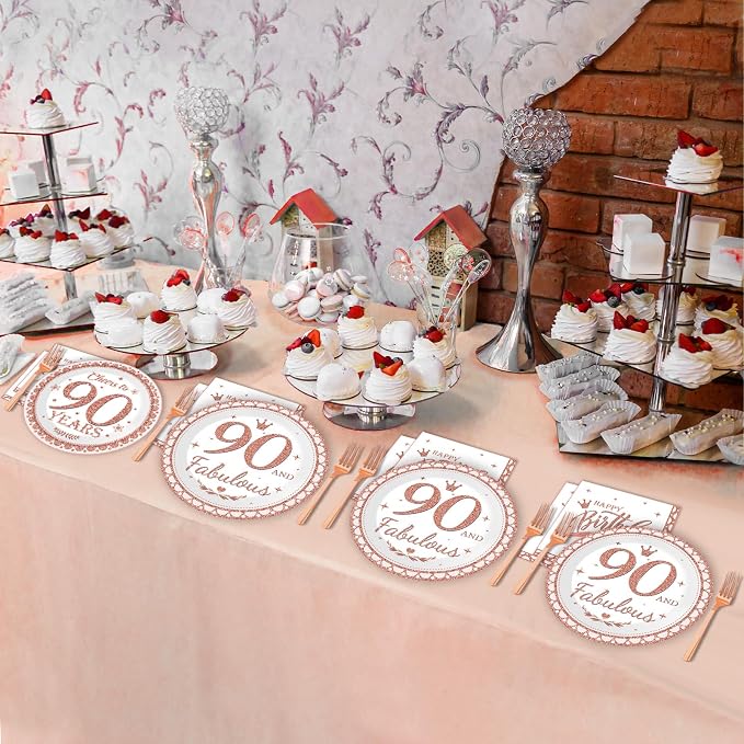 50 Guests 90th Birthday Decorations for Women, Rose Gold 90th Birthday Plates and Napkins Party Supplies 90th Year Fabulous Birthday Disposable Paper Tableware Cheers to 90 Years Dinnerware 200PCS