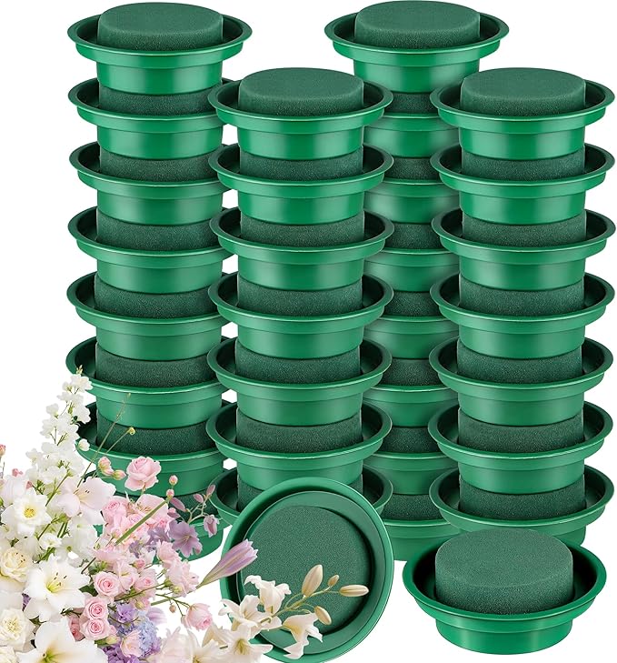 Hahood 32 Packs Floral Foam Rounds in Bowls DIY Flower Arrangement Kit Green Round Wet Flower Foam Blocks for Fresh and Artificial Flowers Arrangements, Birthday Wedding Party Decors