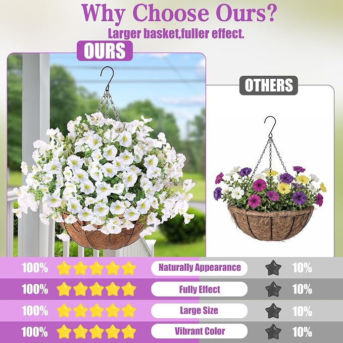 Sggvecsy Artificial Flowers for Outdoors with Baskets Hanging Plant Faux Flowers UV Resistant Fake Silk Morning Glory with Eucalyptus for Planter Porch Garden Home Spring Summer Decoration(White)