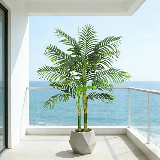 Artificial Golden Cane Palm Tree 5FT, Fake Palm Tree with Three Realistic Trunks and Lifelike Palm Leaves, Faux Palm Plant for Indoor Home Décor with Black Planter