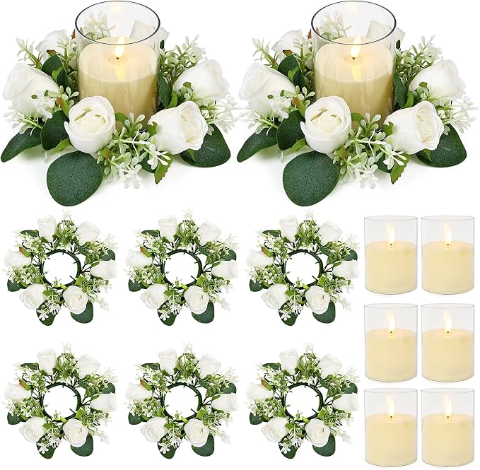 White Rose Candle Rings with Flameless Candles Sets - 12PCS Artificial Flower Eucalyptus Wedding Centerpiece 3 Inch Pillar Candleholders Wreaths for Wedding Party Decor (White - 6 Sets)