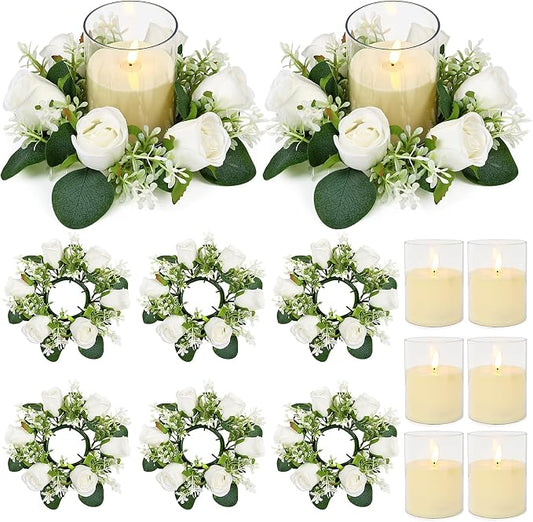 White Rose Candle Rings with Flameless Candles Sets - 12PCS Artificial Flower Eucalyptus Wedding Centerpiece 3 Inch Pillar Candleholders Wreaths for Wedding Party Decor (White - 6 Sets)