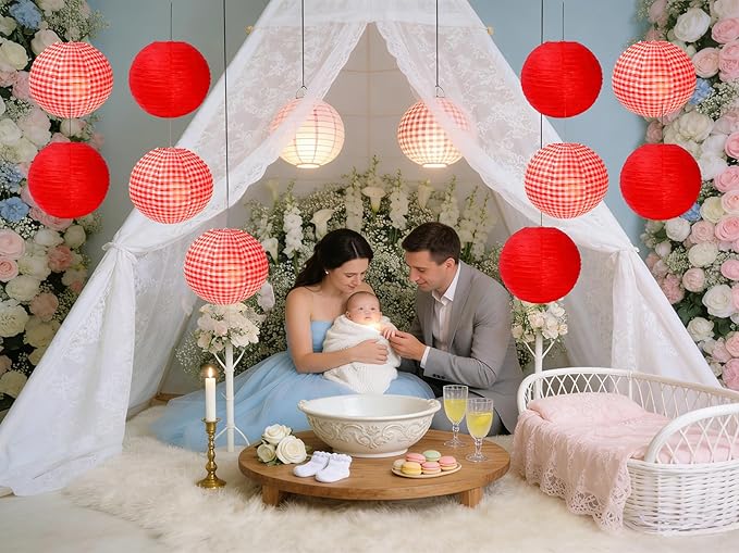 12 Inch Red Paper Lanterns,Red and White Round Hanging Chinese Paper Lanterns Decorations for Birthday Wedding Christmas Graduation Picnic BBQ Baby Shower Pizza Party Home Decor