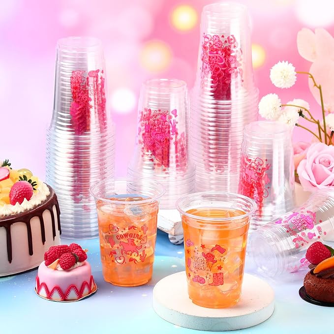 Geyoga 100 Pcs Western Cowgirl Plastic Cups 16 oz Pink Cowgirl Disposable Clear Drinking Cups Bulk Lets Go Girls Decoration for Western Birthday Disco Party