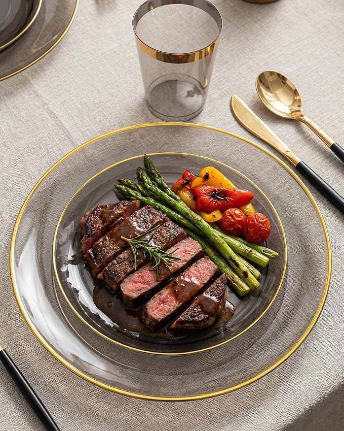 Supernal 180PCS Black and Gold Plastic Dinnerware Set for 30 Guests - Elegant Disposable Plates with Gold Plastic Silverware & Cups - Heavy Duty Party Supplies for Graduation, Wedding, and Anniversary