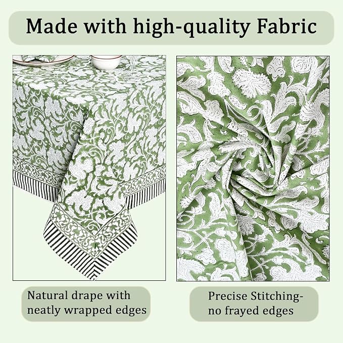 Ridhi Sage Green 60x90 Inches Rectangle 100% Cotton Hand Block Print Tablecloth Washable Easter Thanksgiving/Christmas Parties/Wedding Use,Fall décor Farmhouse Dining Dinner Tablecloth