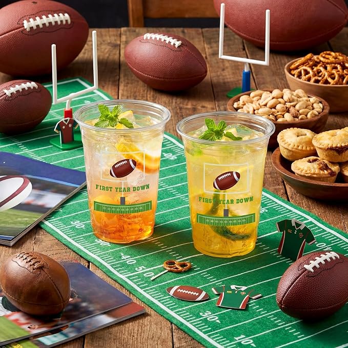 100 Pcs First Year Down Birthday Decoration Cups 16 oz Clear Disposable Football Plastic Party Cups Bulk for 1st Year Birthday Party Supplies Sports Themed Baby Shower