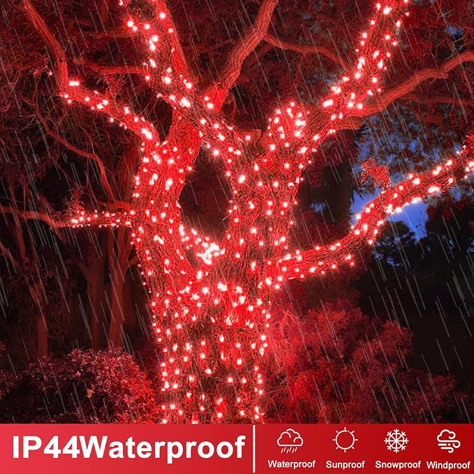 400 LED Red Christmas Lights Outdoor, 132 FT Christmas String Lights 8 Modes Clear Wire, Plug in Waterproof Fairy String Lights for Bedroom Tree Wedding Party Holiday Decorations