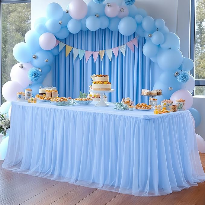 Baby Blue Tablecloth for 6 Foot Rectangle Table, Light Blue Tablecloth Tulle Table Skirt Baby Shower Table Cover 6 Foot Tables Desk Skirt Party Wedding Banquet Elastic Stretch Ruffle Fitted Tablecloth