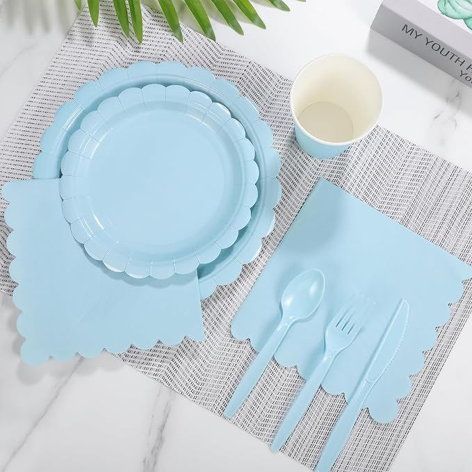 175 Pcs Light Blue Paper Plates and Napkins, Boy Baby Shower Decorations Include Blue Scalloped Plates Napkins Cups for Kindergarten Graduation, Birthday, Bridal Shower, Wedding