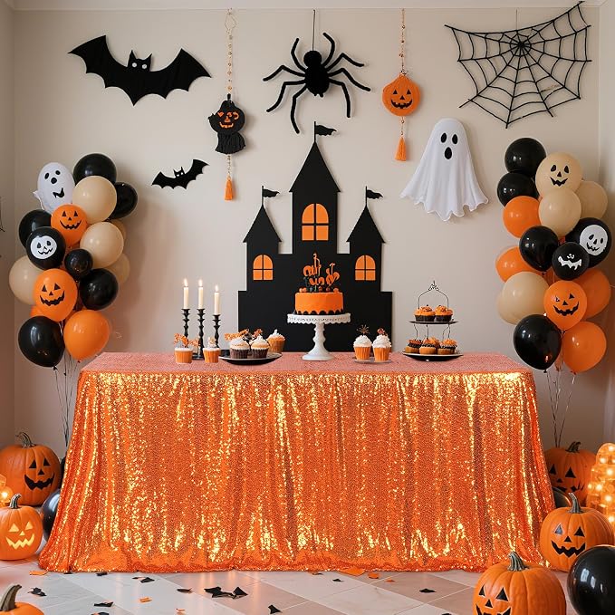 Poise3EHome Orange Sequin Tablecloth 60×102 Inch Rectangle Sparkly Fabric Table Cloth for Halloween Baby Shower Birthday Party Wedding Holiday Decoration