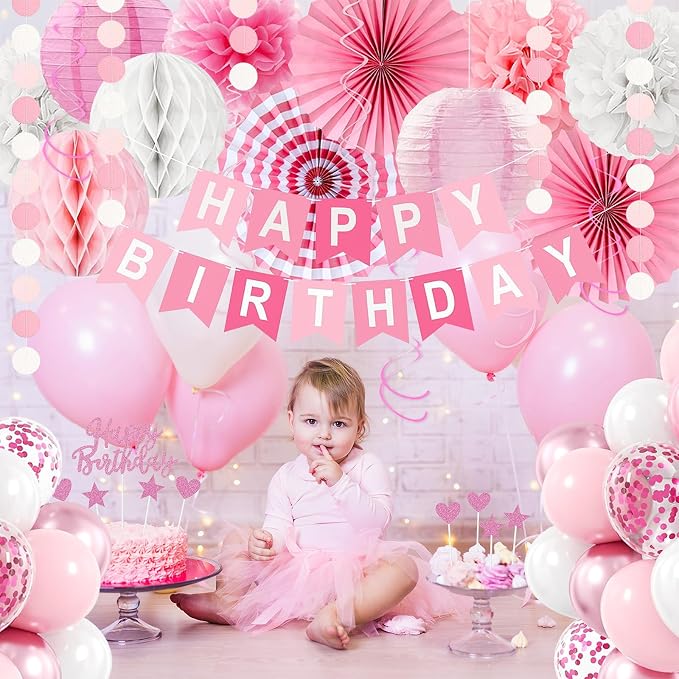 Pink Birthday Party Decorations, 66PCS Light Pink Happy Birthday Decor for Women&Girls with Banner, Balloons, Paper Fans, Flowers, Lanterns and garland etc. for Any Occasions