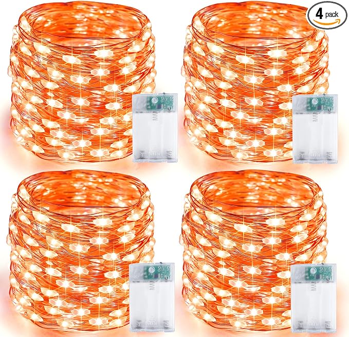 4 Pack 20FT 60LED Battery Operated Fairy Fall Lights with Timer, Waterproof Battery String Lights Outdoor Indoor, Battery Twinkle Lights for Bedroom Thanksgiving Day Party Halloween (Orange)