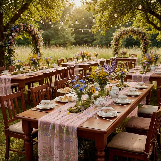 Pink Floral Table Runner 10ft Embroidery Tulle Spring Wildflower Table Runner Seasonal Summer Butterfly Kitchen Dining Gauze Decoration for Wedding Baby Shower Birthday Party (3 Pcs)