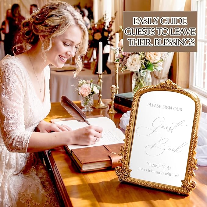 Bucherry Vintage Love Wedding Sign Please Sign Our Guest Book Mirror Plaque Elegant Resin Frame with Mirror 12" x 7.5" Baroque Reception Decor Gold Table Centerpiece