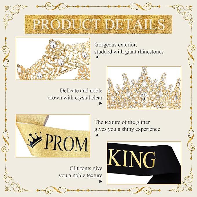Retrowavy 4 Pcs Prom King and Queen Crown Set with Sashes Prom King Queen Sash and Tiara Set for 2026 Grad Birthday Carnival Wedding Costume Accessories(Gold)